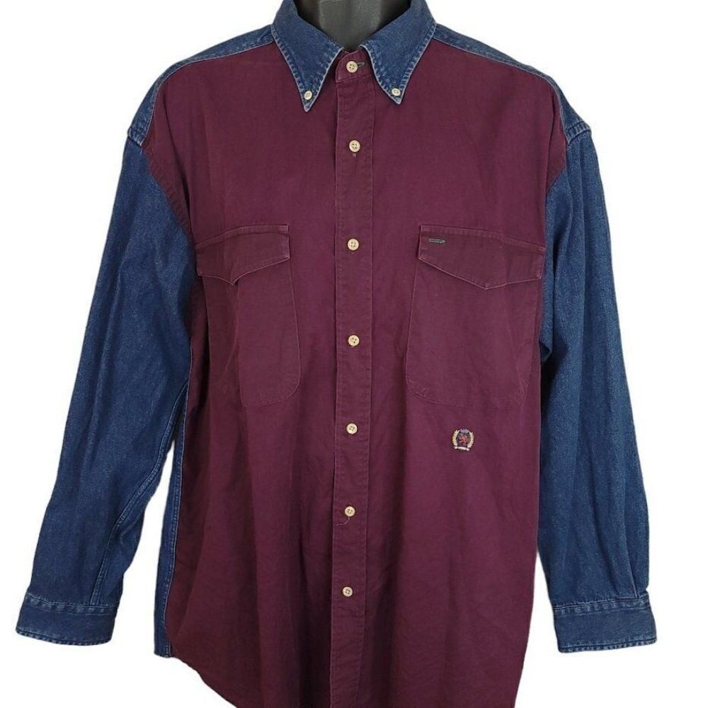Tommy Hilfiger Denim Shirt Vintage 90s Colorblock Streetwear Oversized Mens XL